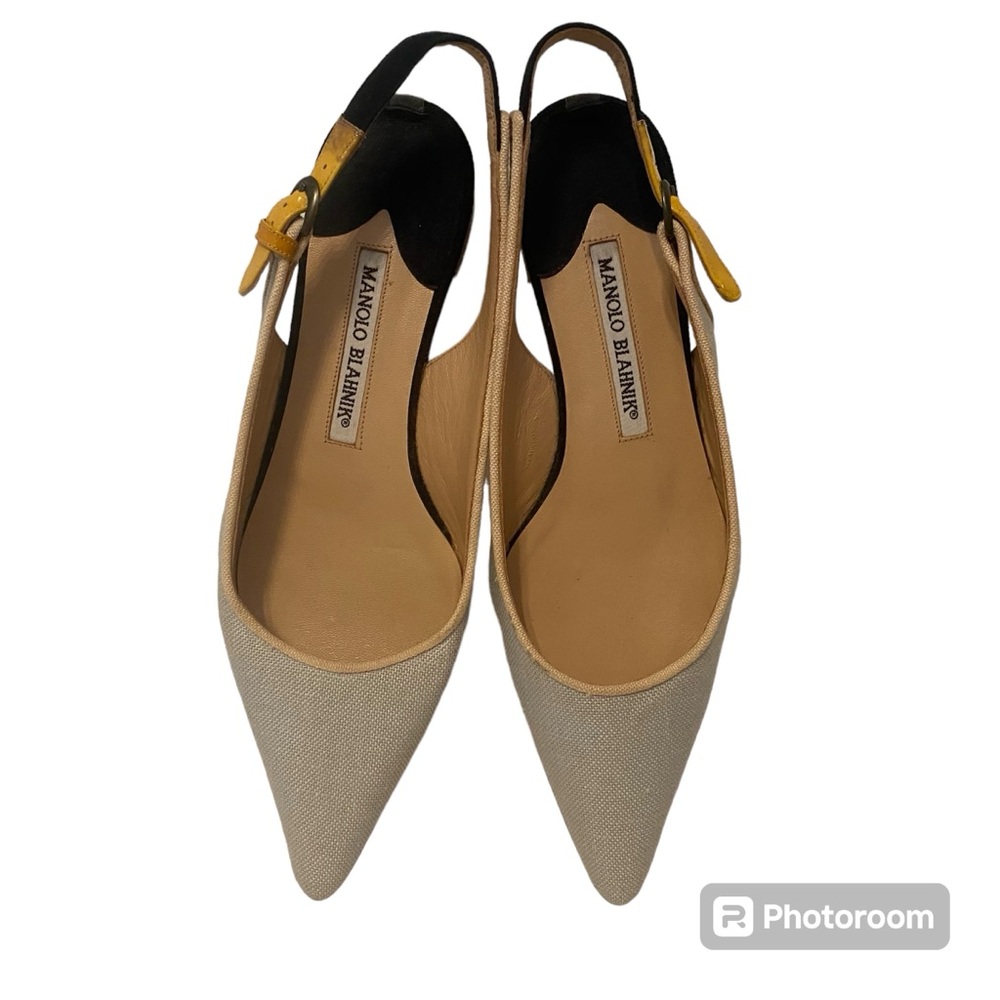 MANOLO BLAHNIK FLATS SHOES PALE BLUE FABRIC LEATHER ITALY 36.5 6.5 POINTED TOE